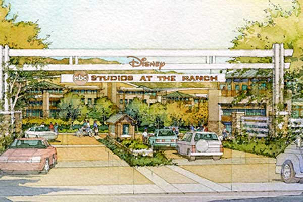 Concept Drawing of entrance to with sign that reads "ABC Studios at the Ranch" and Disney logo