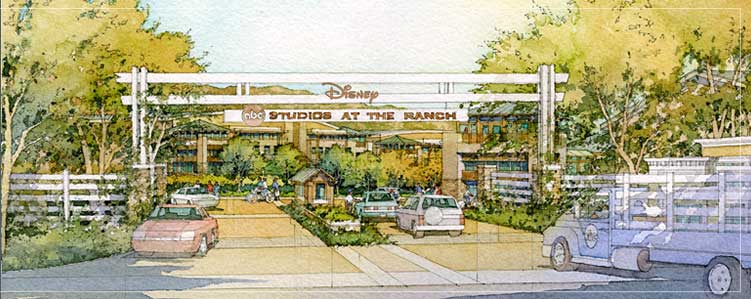 Concept Drawing of entrance to with sign that reads "ABC Studios at the Ranch" and Disney logo