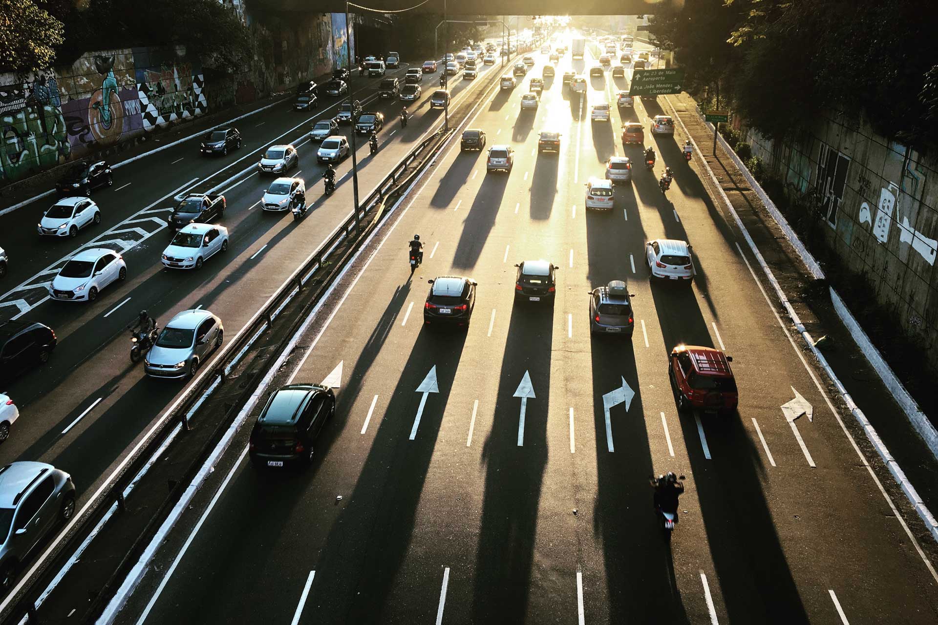 Heavy traffic along a multi-lane freeway in Los Angeles County